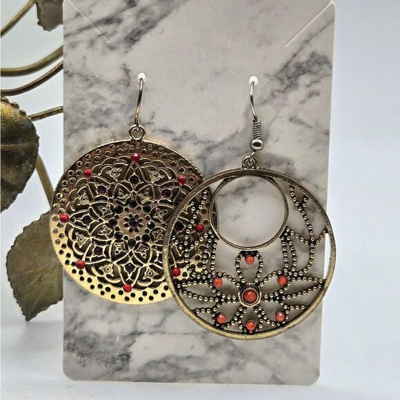 "5/$25" Mismatched Gold/ Red Madala Circle Disc Dangle Earrings - Picture 1 of 6